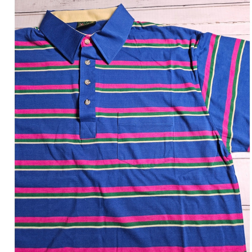Vintage Chip Beck Striped Polo Shirt Mens XL Blue Pink Green Golf Short Sleeve